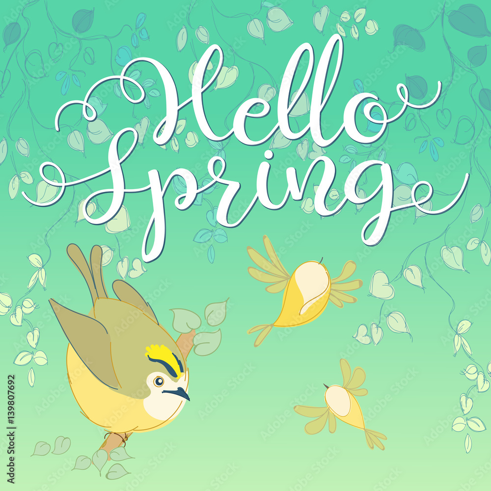 Hello spring with gold crest. Cartoon bird. Hand letter. Vector illustration Hello spring with gold crest. Cartoon bird. Hand letter. Vector illustration