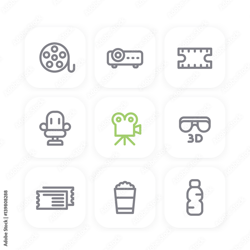 cinema line icons set, film reel, projector, 3d movie, tickets, popcorn bucket cinema line icons set, film reel, projector, 3d movie, tickets, popcorn bucket