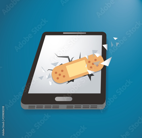 sticking plaster on broken smartphone icon vector  