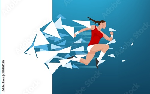 Illustration of an athlete woman breaking throug a wall symbolizing reach of boundaries, accomplishment and success