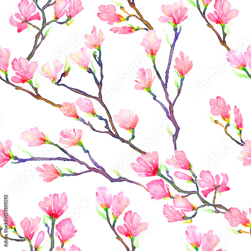 Pink magnolia branches  seamless pattern design hand painted watercolor illustration