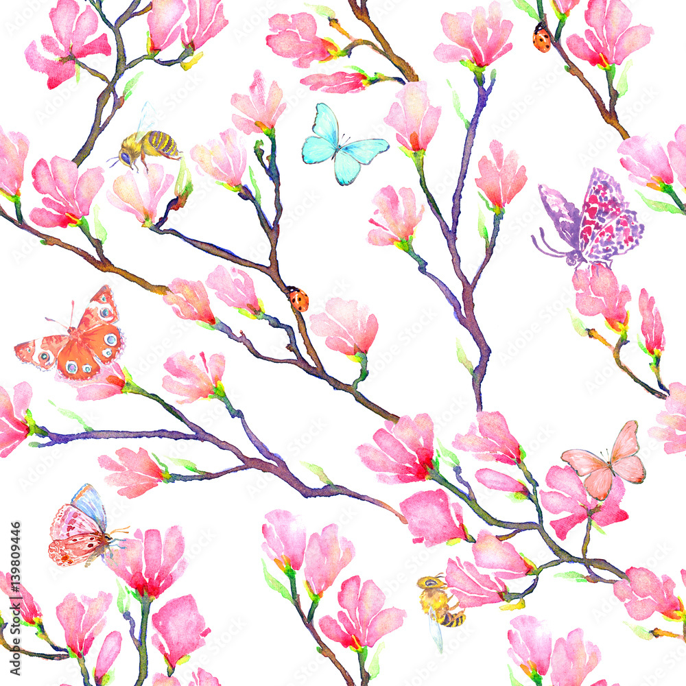 Pink magnolia branches with butterflies, bugs, ladybugs and bees, seamless pattern design hand painted watercolor illustration