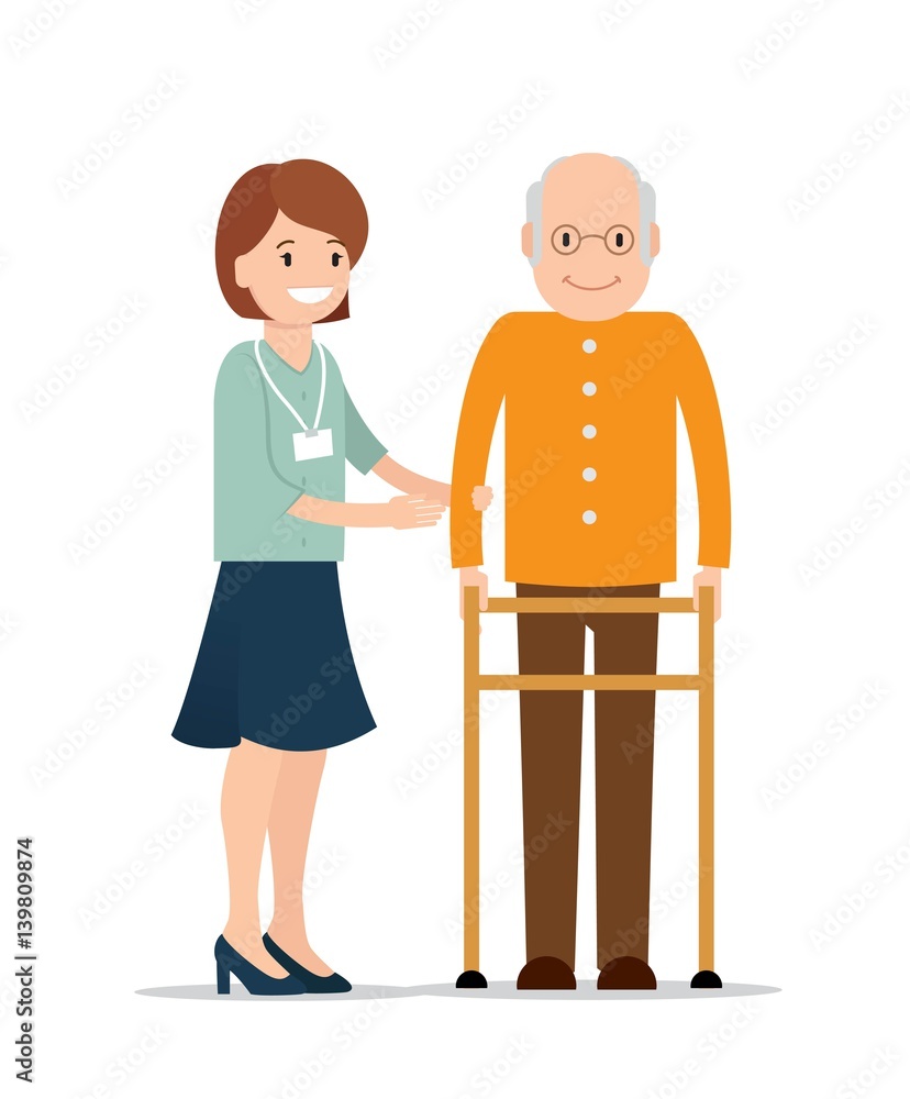 Young female caretaker helping senior man to use walking frame. Social workers concept. Vector flat illustration Young female caretaker helping senior man to use walking frame. Social workers concept. Vector flat illustration