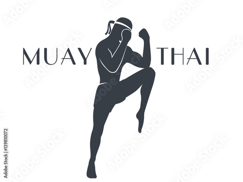 Muay thai athlete silhouette on white, male boxer in a defensive fighting stance, logo element, t-shirt print