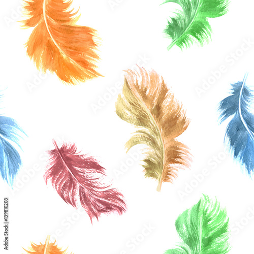 Vector watercolor feather seamless pattern in bright colors