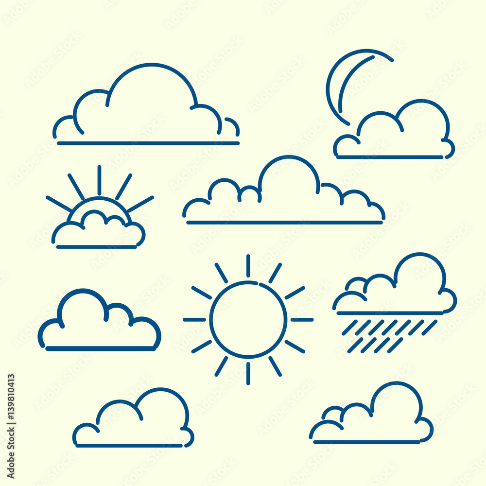 Obraz premium Cloud sun moon rain loutlined icon set. Meteo vector ilustration.