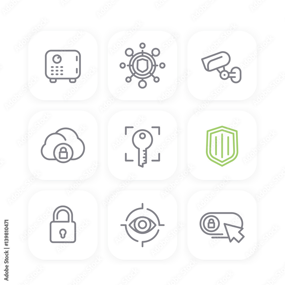 Security line icons set, secure cloud, key, lock, shield, strongbox, video surveillance, online security, safety Security line icons set, secure cloud, key, lock, shield, strongbox, video surveillance, online security, safety