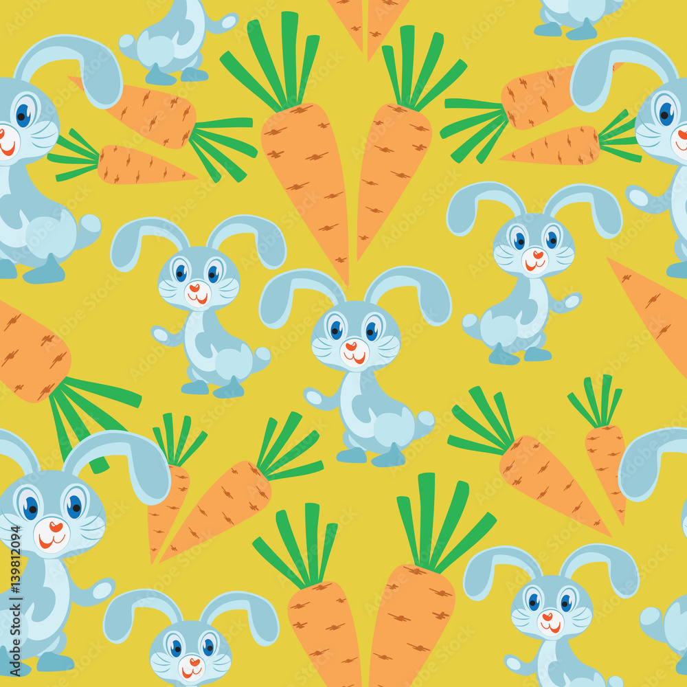 Bunny and carrots. Yellow background. Seamless pattern. Children's cartoon character. Design for textiles, wall hangings, wrapping paper.
