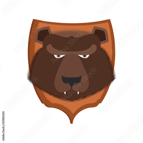 Bear hunter trophy. Grizzly head on shield. Scarecrow wild beast