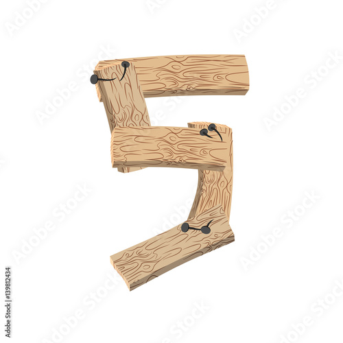 Number 5 wood board font. Five symbol plank and nails alphabet. Lettering of boards. Country chipboard ABC
