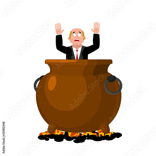 Businessman in infernal cauldron. sinner in frying pan. boss is frying on hellfire. Religion is punishment for sins