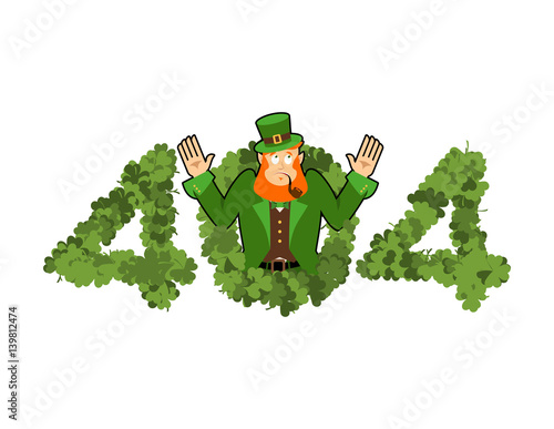 Error 404. leprechaun is surprise. Page not found template for web site. Irish dwarf does not know and is surprised. Page lost and found message. problem disconnect in Ireland
