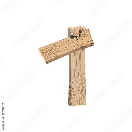 Number 1 wood board font. One symbol plank and nails alphabet. Lettering of boards. Country chipboard ABC