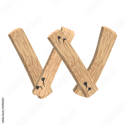 letter W wood board font. plank and nails alphabet. Lettering of boards. Country chipboard ABC