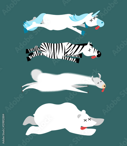 Dead animals set 1. Unicorn and zebra. Llama and polar bear. animal is death. Corpse of Beast