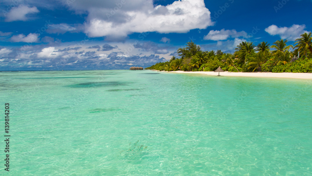 Maldives paradise beach. Perfect tropical island. Beautiful palm trees and tropical beach. Moody blue sky and blue lagoon. Luxury travel summer holiday background concept. Maldives paradise beach. Perfect tropical island. Beautiful palm trees and tropical beach. Moody blue sky and blue lagoon. Luxury travel summer holiday background concept.