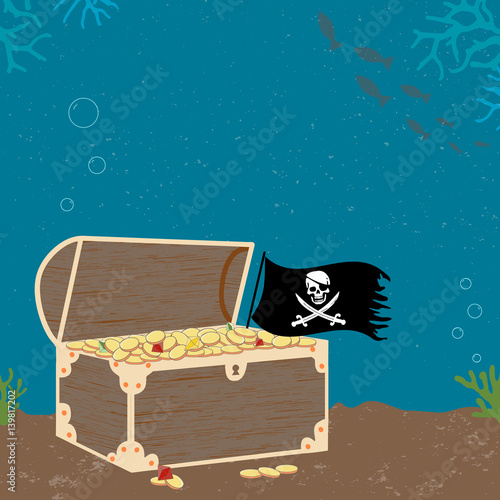 Vitage Poster with Treasure Cheast and Pirate Flag