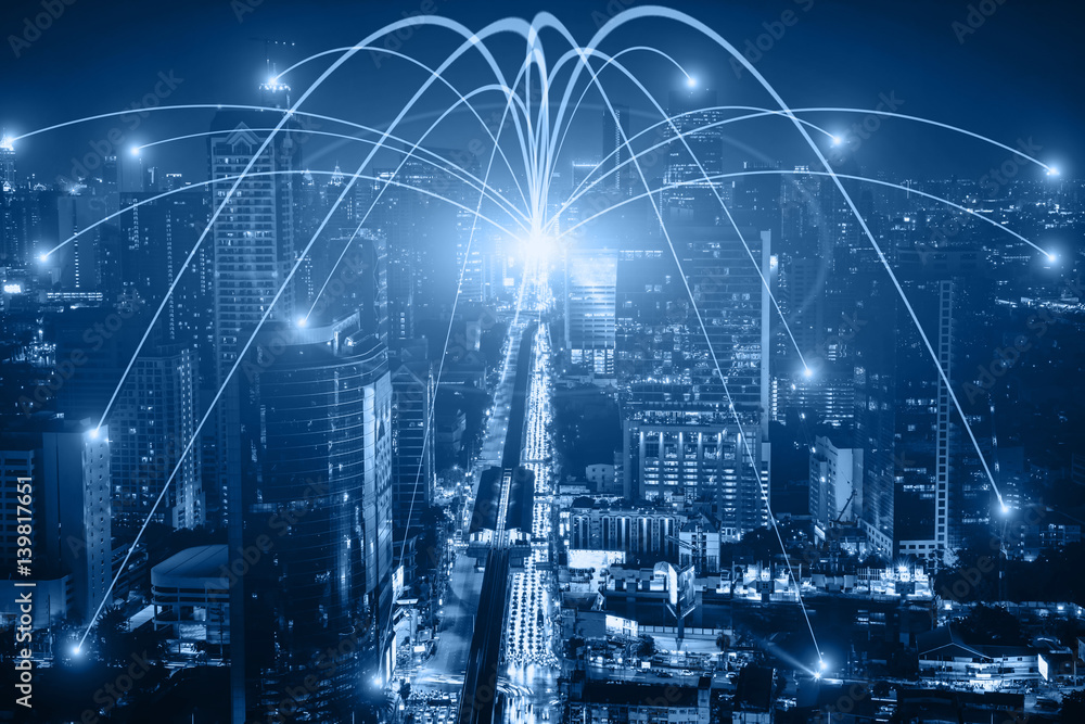 custom made wallpaper toronto digitalBusiness networking connection concept and Wi-Fi in city. Technology communication, The wireless communication , High Speed Internet , Optical fiber , Background blur building in the capital