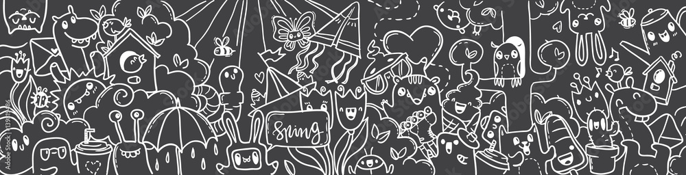 Spring hand drawn doodles. White on black, chalk on a blackboard. black ...