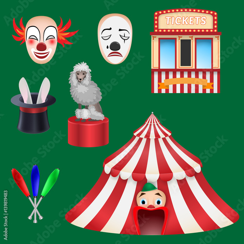 Circus set: Clown, box office, hat with a rabbit, a trained poodle, a circus tent, a mace
