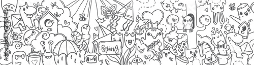 Spring hand drawn doodles banner. cartoon spring.  black-and-white doodles winter hand-drawn contour on a white background for children coloring