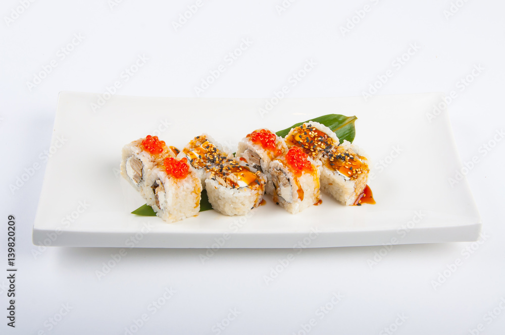 sushi roll with tuna, scrambled eggs, cream cheese and red caviar sushi roll with tuna, scrambled eggs, cream cheese and red caviar