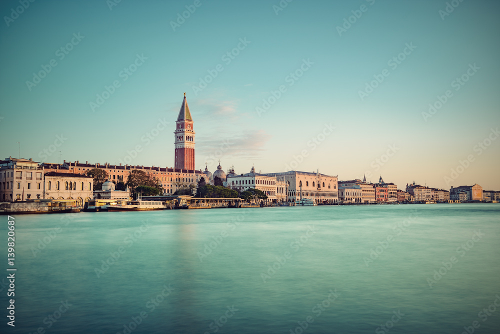 long time exposure of Venice waterfront in the morning, Piazza San Marco and The Doge's Palace, Venice, Italy, Europe, Vintage Filtered Style
