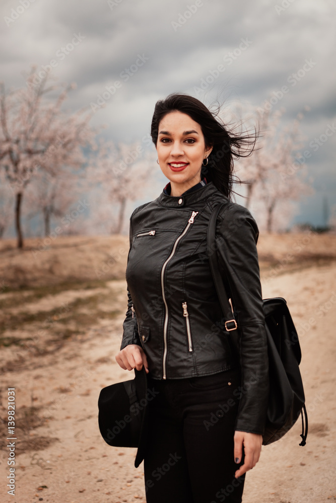 Brunette woman with leather jacket Brunette woman with leather jacket