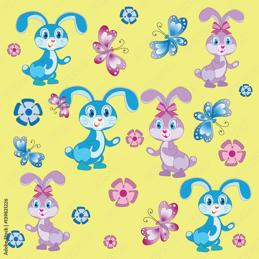 Naklejka premium Funny baby rabbits. Yellow background. Composition, pattern. Isolated children's cartoon characters. Design for textiles, wall hangings, wrapping paper.