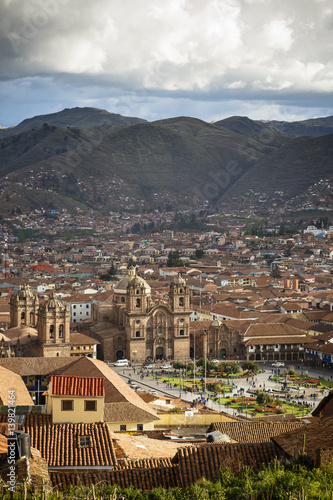 Elevated view over Cuzco and Plaza de Armas, Cuzco, Peru.