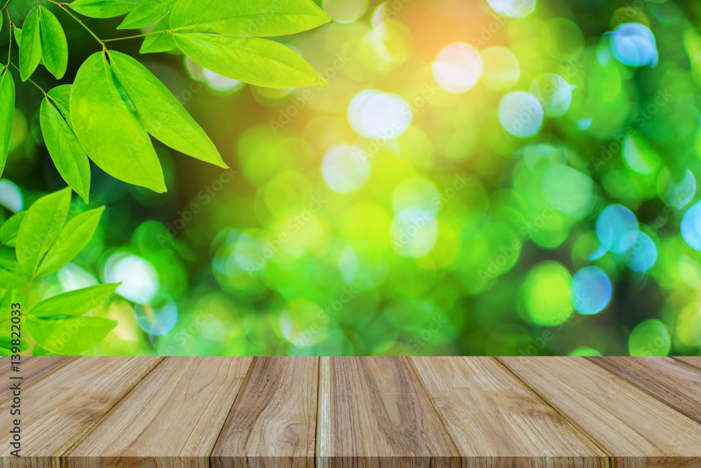Top table wood Green trees and leaf greenery bokeh Top table wood Green trees and leaf greenery bokeh