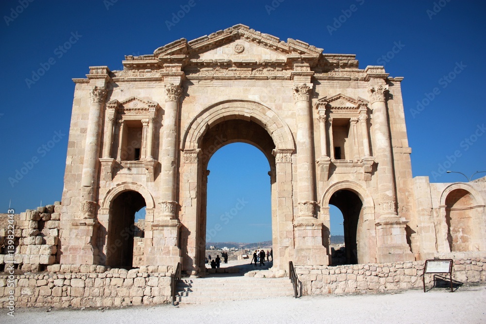 Triumphal Arch in honor of Emperor Hadrian in  ancient city of Jerash, Jordan Middle East 