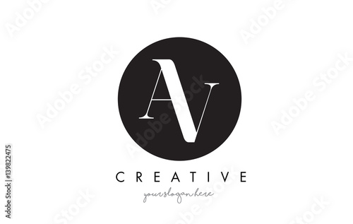 AV Letter Logo Design with Black Circle and Serif Font.