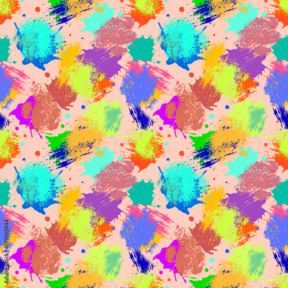 Fototapeta premium Vector seamless pattern, tile with inc splash, blots, smudge and brush strokes. Grunge endless template for web background, prints, wallpaper, surface, wrapping, repeat elements for design.