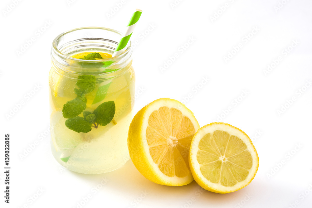 Lemonade drink in a jar glass isolated on white background
Lemonade drink in a jar glass isolated on white background