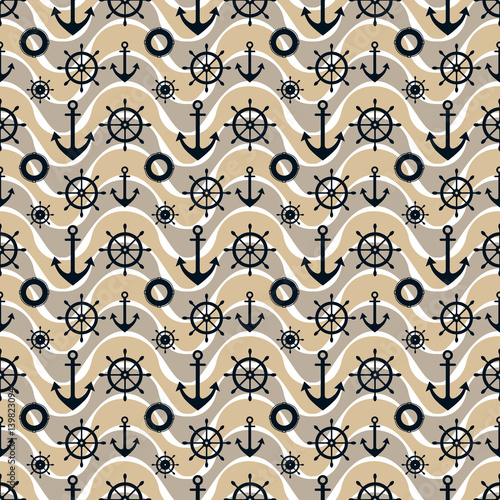 Vector seamless pattern with anchor, steering wheel, waves. Symmetrical brown background, nautical theme. Graphic illustration. Template for wrapping, backgrounds, fabric, prints, decor, surface
