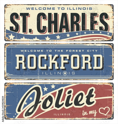 Vintage tin sign collection with US cities. St. Charles. Rockford. Joliet. Retro souvenirs or old postcard templates on rust enamel tin background.
