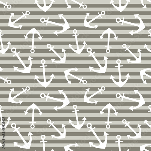 Vector seamless pattern with anchor, diagonal lines. Symmetrical background, nautical theme. Graphic illustration. Template for wrapping, backgrounds, fabric, prints, decor, surface