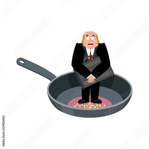 Businessman in frying pan. sinner in cauldron. boss is frying on hellfire. Religion is punishment for sins