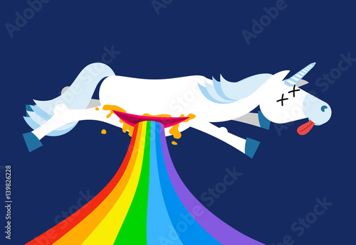 Anatomy unicorn From belly Intestines fell rainbow. Dead  Fantastic animal with horn. Corpse is mythical beast