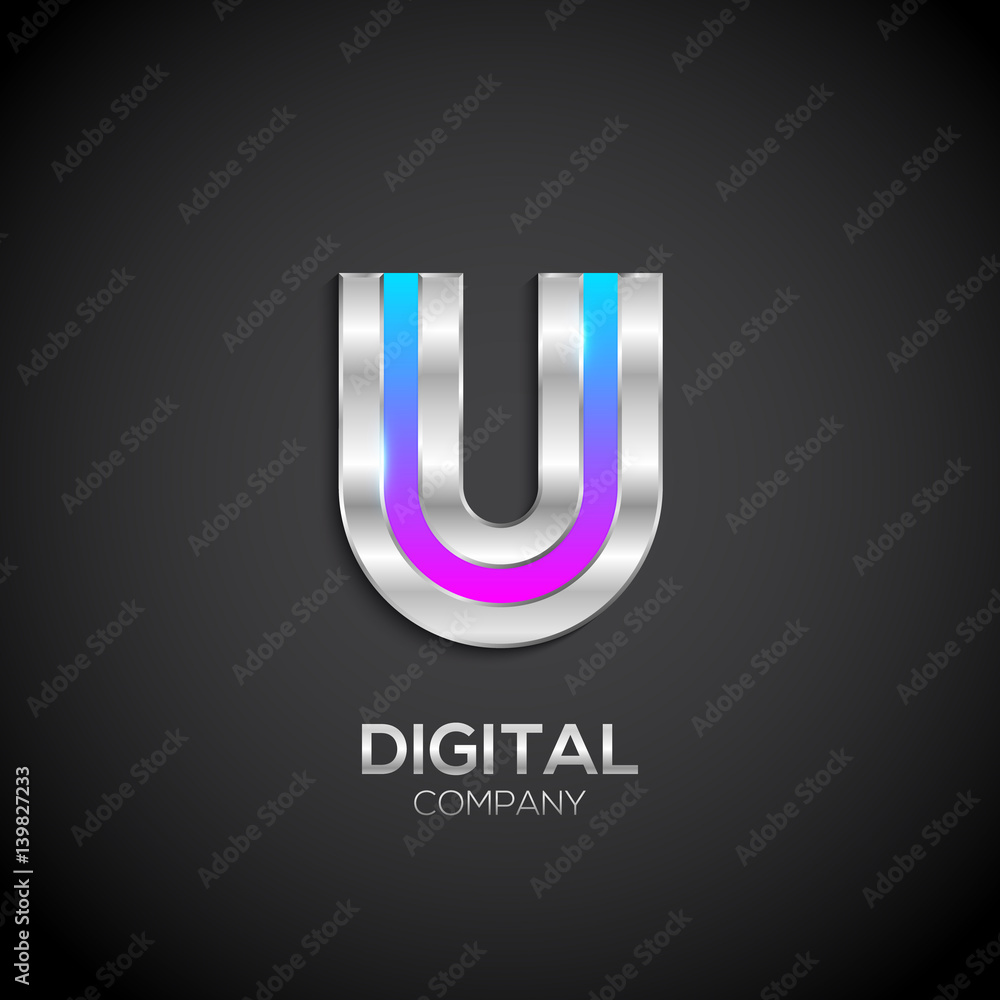 Letter U with metallic texture,3d Glossy, Digital and Technology, metal texture, silver, steel and realistic shadow for logo, Vector illustration Letter U with metallic texture,3d Glossy, Digital and Technology, metal texture, silver, steel and realistic shadow for logo, Vector illustration