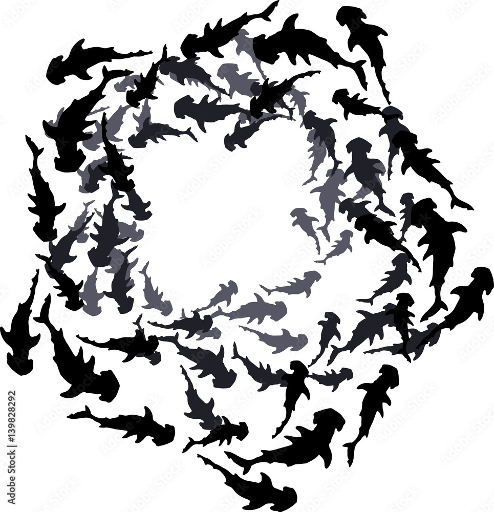 hammerhead shark silhoettes in circle - obrazy, fototapety, plakaty 