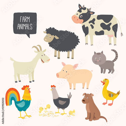 Fototapeta Naklejka Na Ścianę i Meble -  Set of cute farm animals - dog, cat, cow, pig, hen, cock, duck, goat.