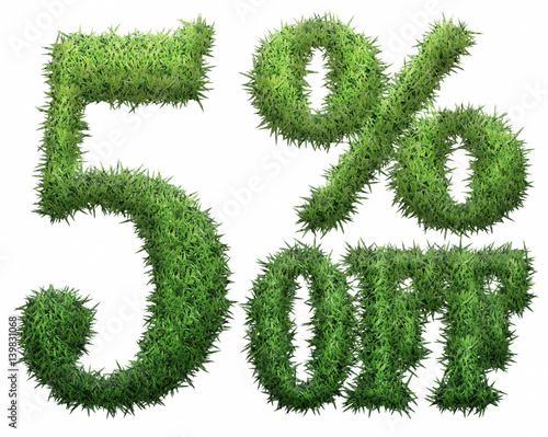 Text 5    off . Made of grass for design selling poster   banner promotion . Isolated on a white background. 3D rendering . Discount tag   advertising   special offer