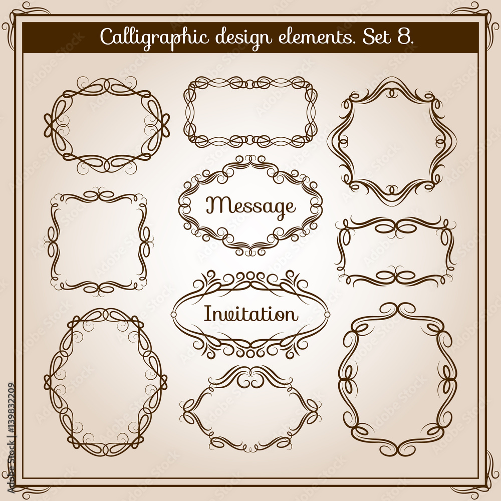 Retro floral calligraphic wicker frames. Ornamental vector flourish drawing frame set
