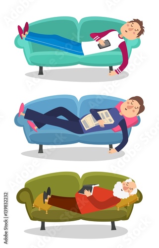 Man sleep on sofa vector illustration. Sleeping young and old men  couch character person