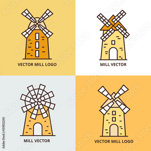 Retro windmill logo set. Wheat bread mill vector icons