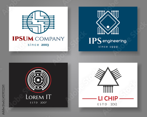 IT and engineering logo company card set. Vector business label cards with chips