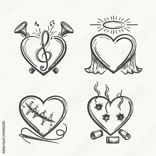 Tattoo hearts. Hand drawn heart icons vector illustration. Angel of music, needle and bullets isolated on white background