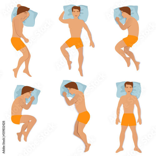 Man sleep positioning isolated on white background. Different sleeping poses vector illustration